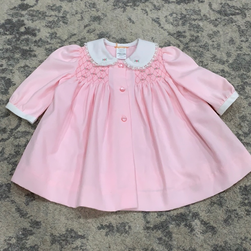 Girls Pink Vintage Dress with Ruching, Size 6-9M